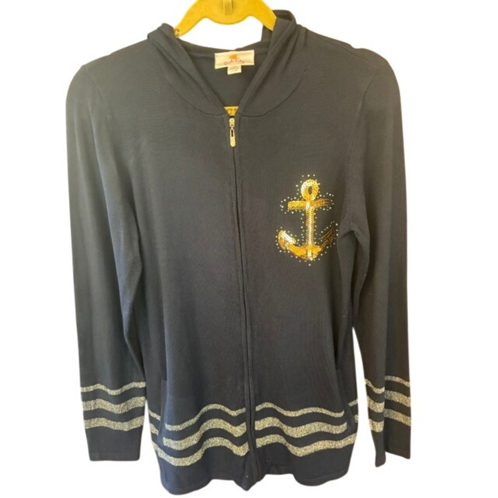Quacker Factory Hoodie Women XS Navy Blue Excellent Sequin Anchor Zip Sweater